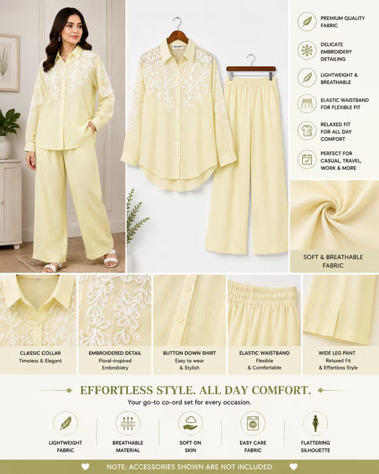 Women’s Embroidered Shirt & Wide-Leg Pant Co-Ord Set