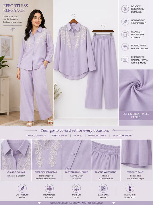 Women’s Embroidered Shirt & Wide-Leg Pant Co-Ord Set