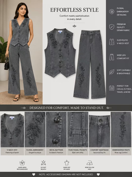 Jukarsh Fashion Women's Mauve Embroidered Denim Co-Ord Set with Sleeveless Vest & Trousers