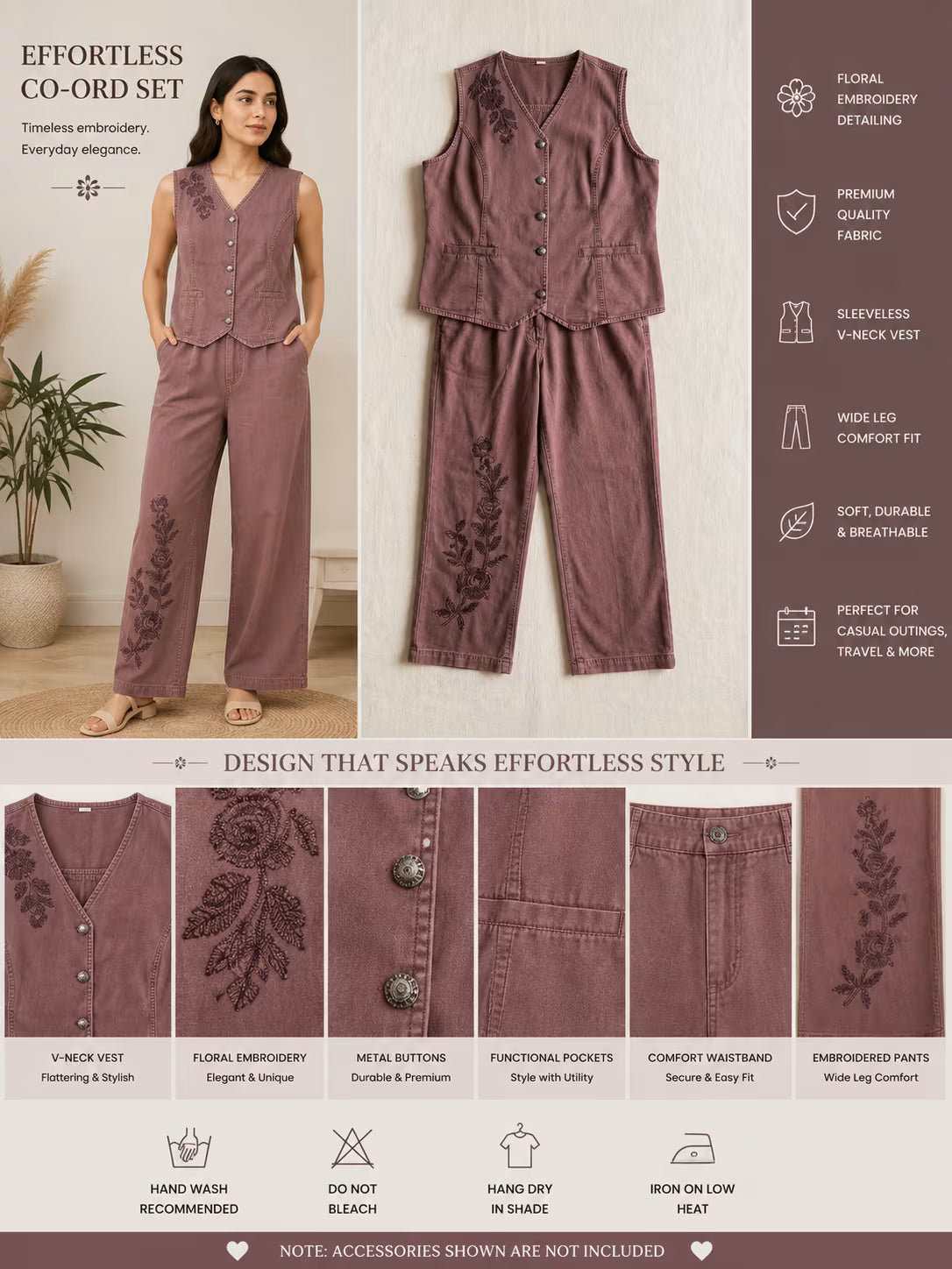 Jukarsh Fashion Women's Mauve Embroidered Denim Co-Ord Set with Sleeveless Vest & Trousers