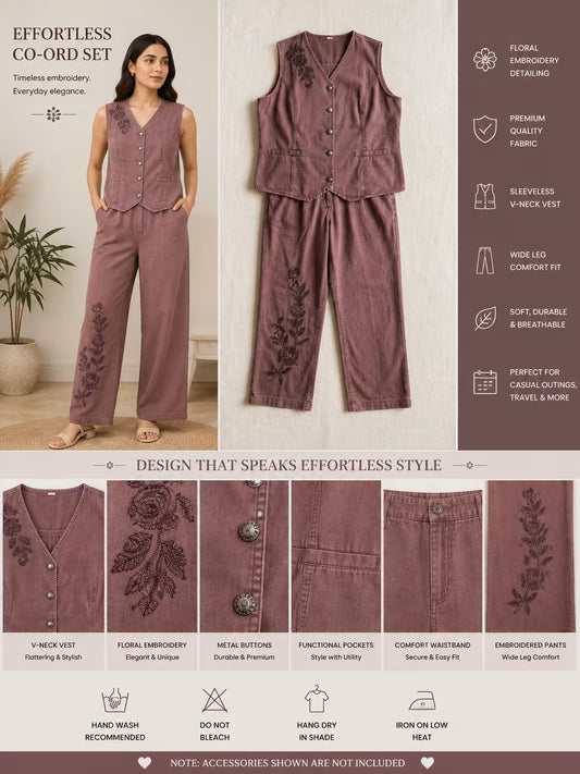 Jukarsh Fashion Women's Mauve Embroidered Denim Co-Ord Set with Sleeveless Vest & Trousers