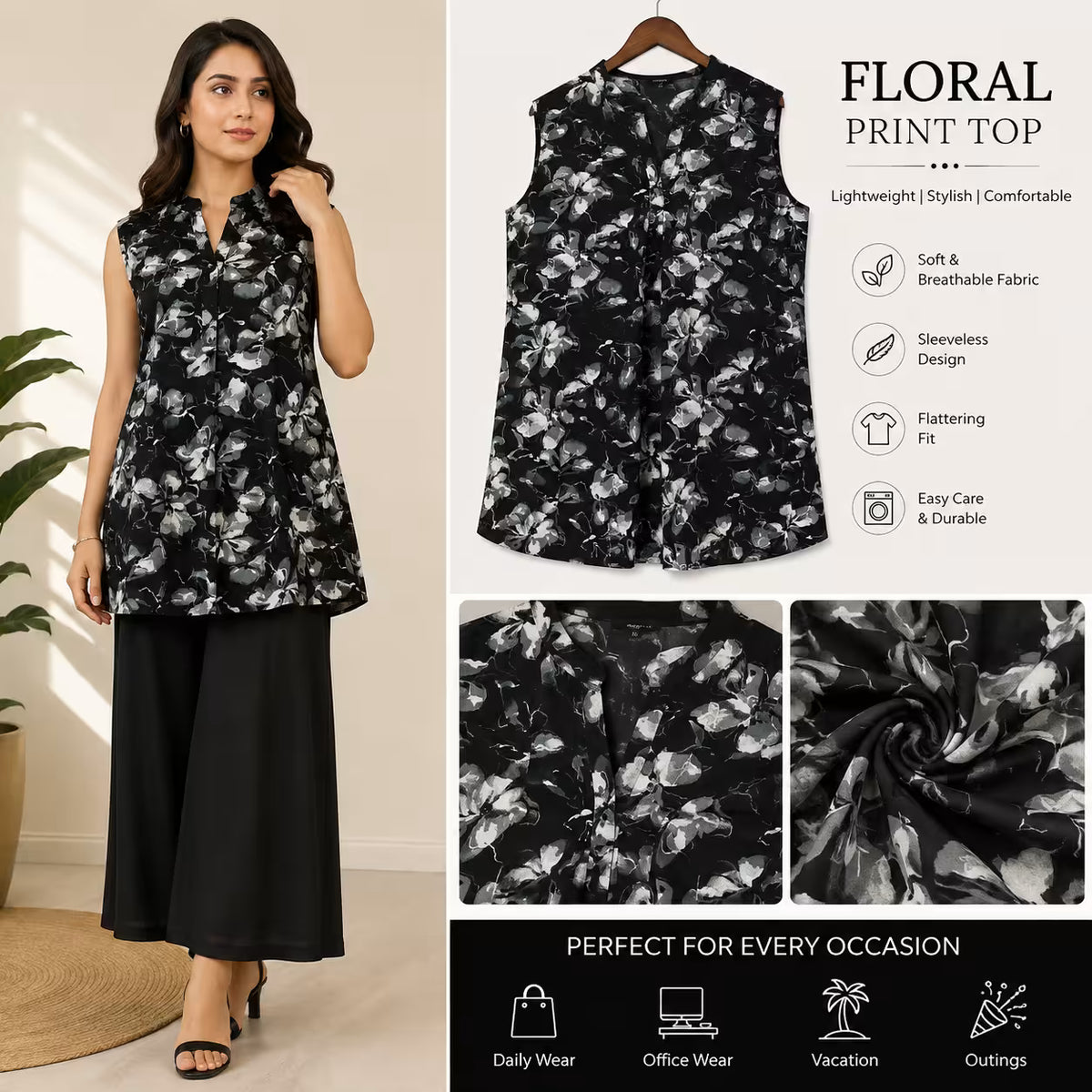Women’s Black Floral Print Sleeveless Top