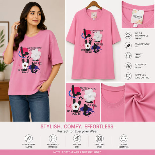 Women’s Graphic Printed T-Shirt with 3D Flower Detail