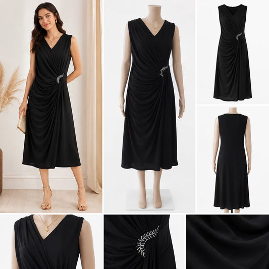 Women’s Draped Midi Dress with Embellished Waist