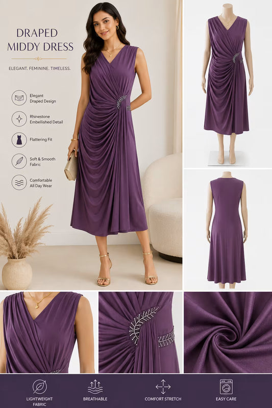 Women’s Draped Midi Dress with Embellished Waist