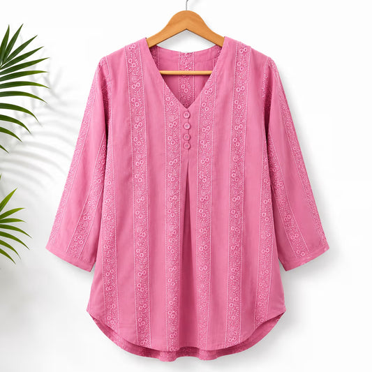 Women's Pink Embroidered Cotton Tunic Top | 3/4 Sleeve Casual Kurti
