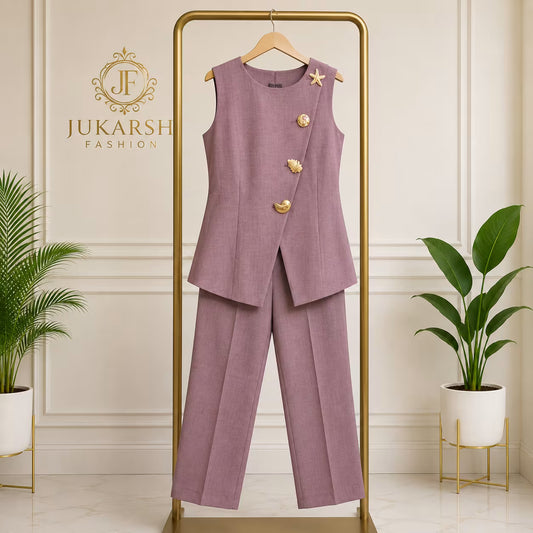 Women's Mauve Sleeveless Co-Ord Set with Designer Metal Embellishments