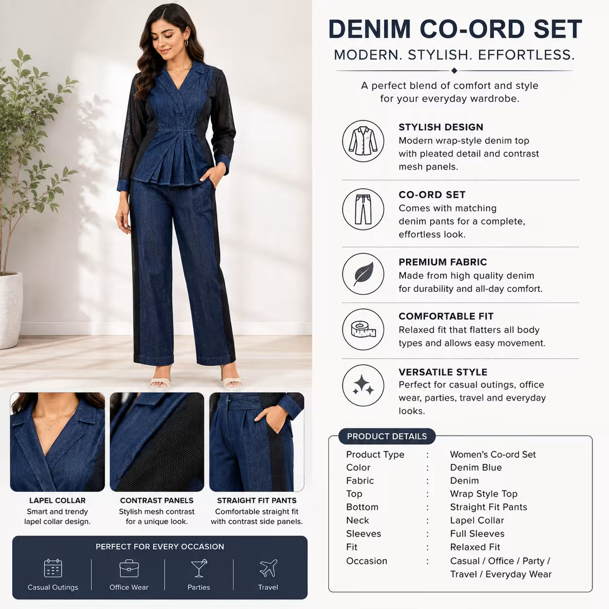 Women’s Dark Blue Denim Co-Ord Set with Mesh Sleeves
