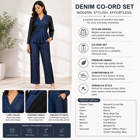 Women’s Dark Blue Denim Co-Ord Set with Mesh Sleeves