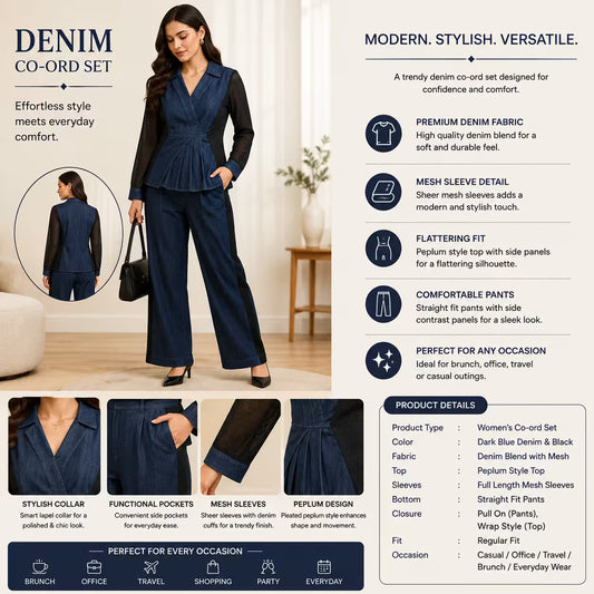 Women’s Dark Blue Denim Co-Ord Set with Mesh Sleeves