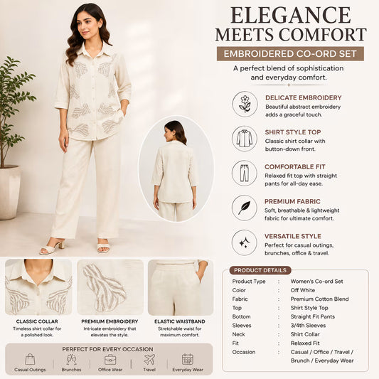 Women’s Ivory Embroidered Shirt & Straight Pants Co-Ord Set