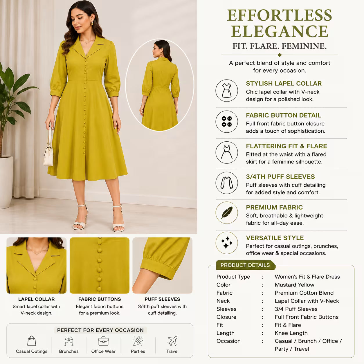 Women’s Mustard Yellow Fit & Flare Dress with Lapel Collar