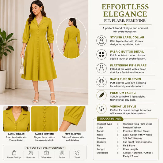 Women’s Mustard Yellow Fit & Flare Dress with Lapel Collar