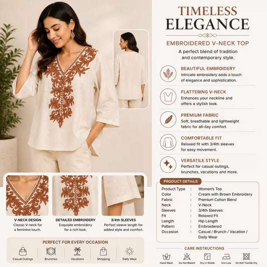 Women’s Cream Embroidered V-Neck Top with 3/4 Sleeves