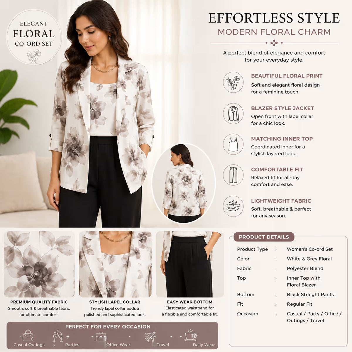 Women’s White Floral Printed Blazer Co-Ord Set with Black Pants