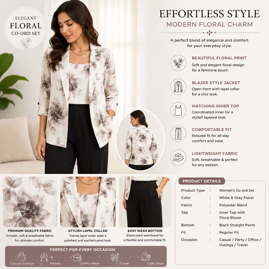 Women’s White Floral Printed Blazer Co-Ord Set with Black Pants