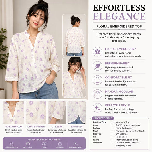 Women’s Off-White Floral Embroidered Cotton Top
