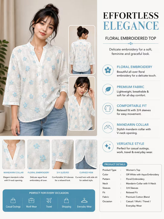Women’s Off-White Floral Embroidered Cotton Top