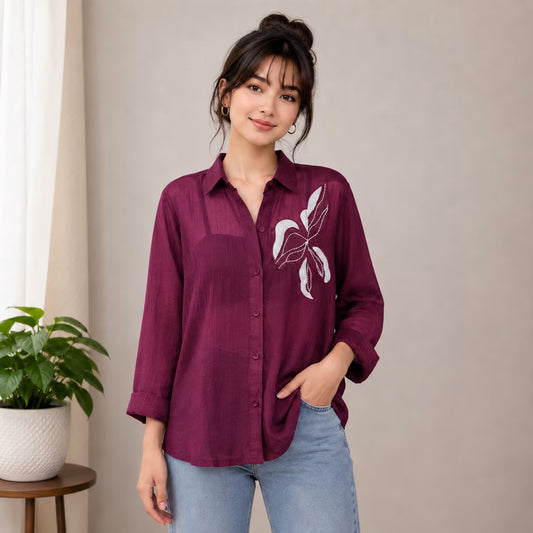 Women’s Embroidered Sheer Shirt | Floral Appliqué Button-Down Top