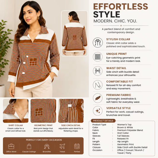 Women’s Brown & White Geometric Printed Collared Top