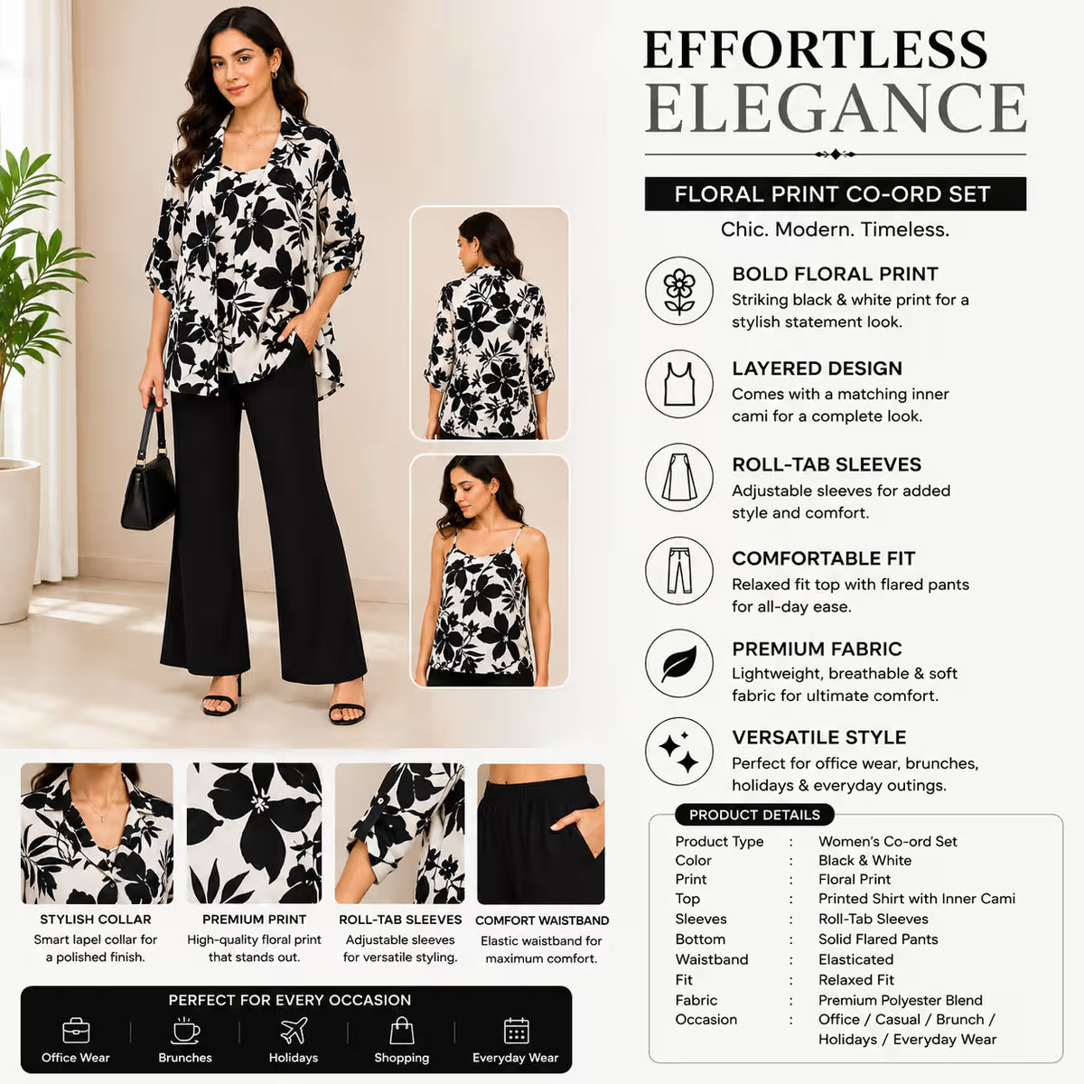 Women’s Black & White Floral 3-Piece Co-ord Set
