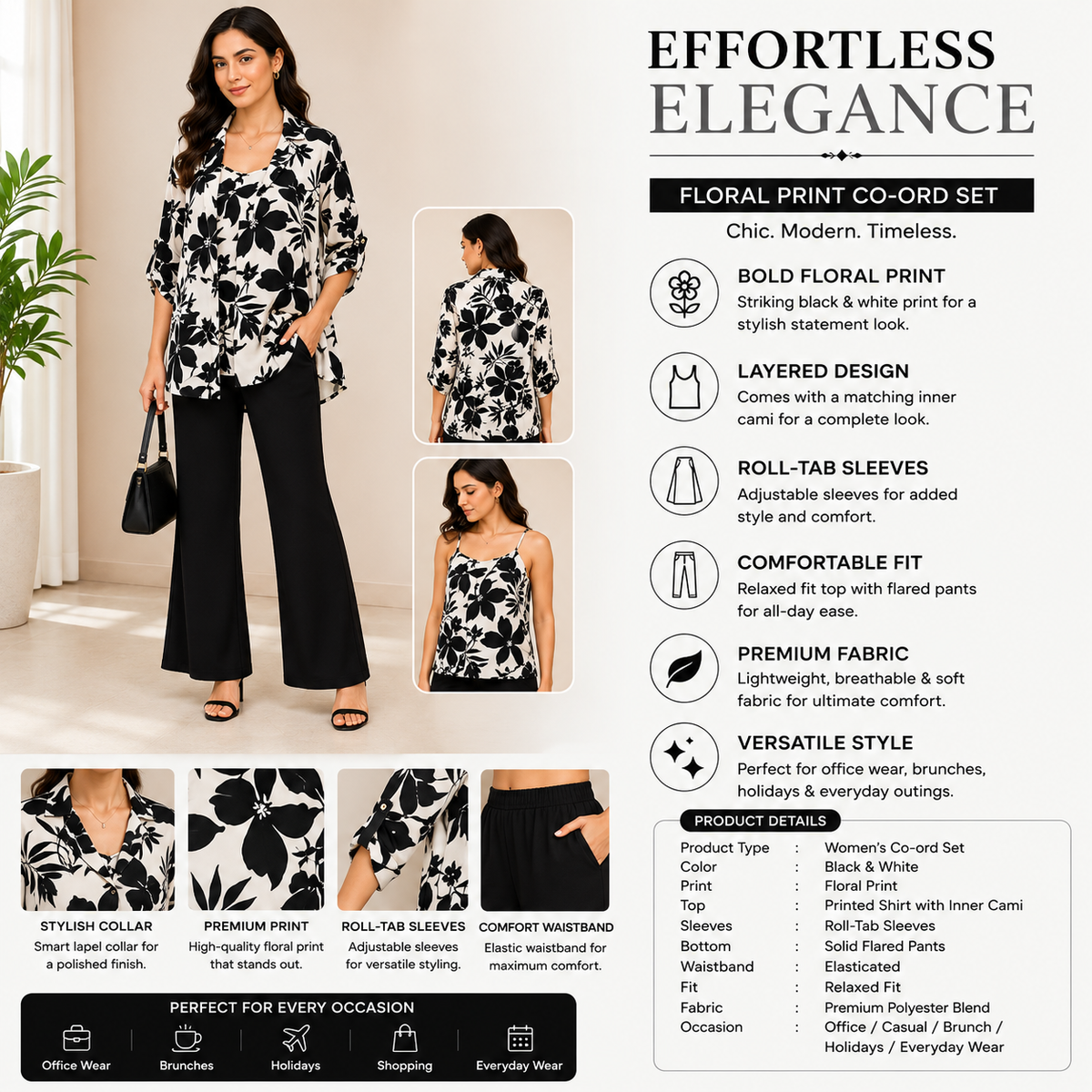 Women’s Black & White Floral 3-Piece Co-ord Set