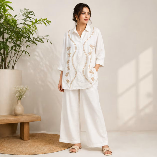 Women’s White Embroidered Kurta & Wide-Leg Pant Cord Set
