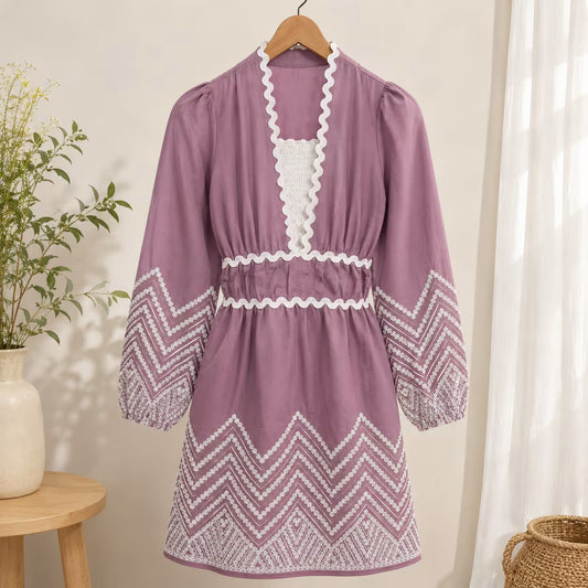 Women’s Mauve Embroidered Puff Sleeve Mini Dress