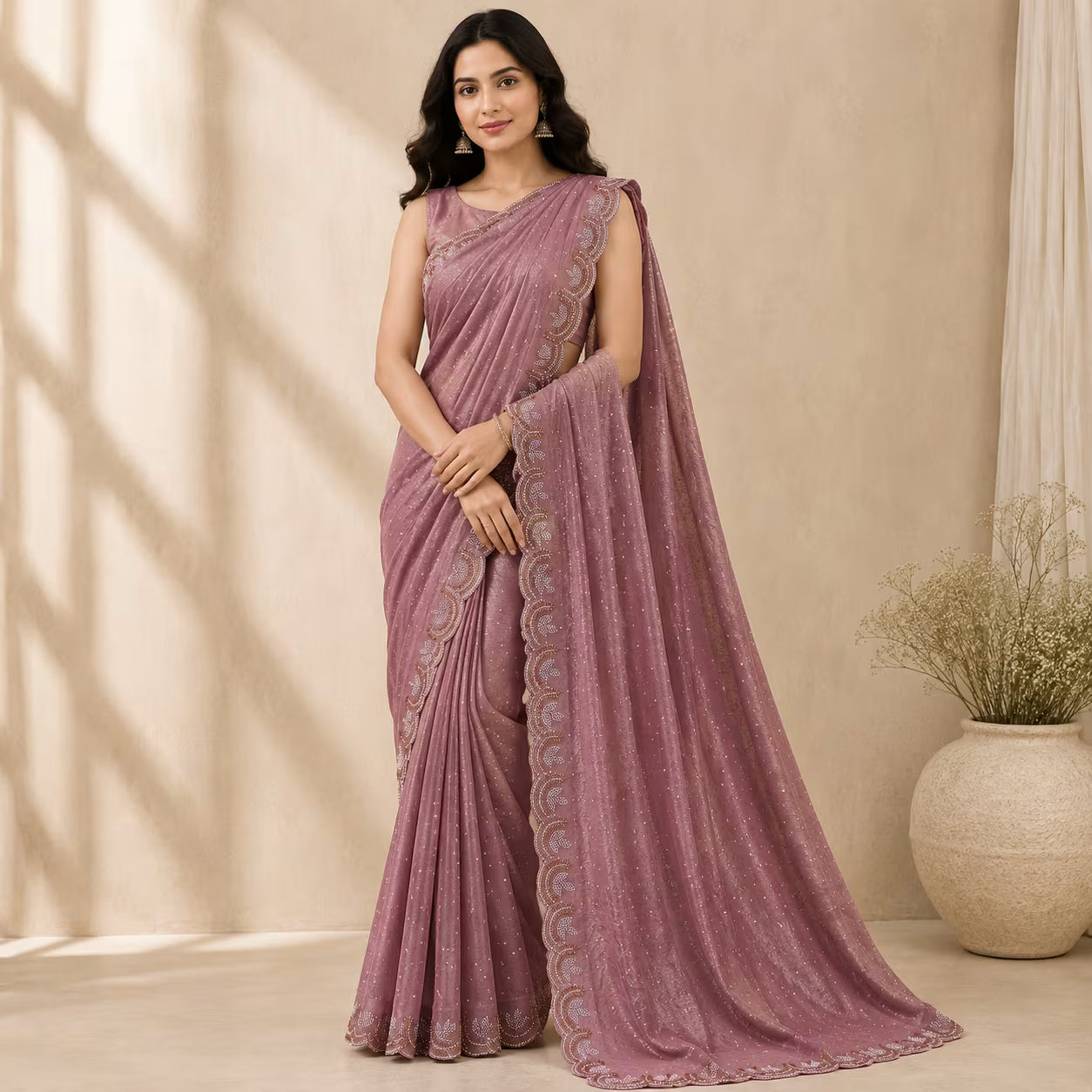 Shimmer Embellished Saree with Scalloped Border
