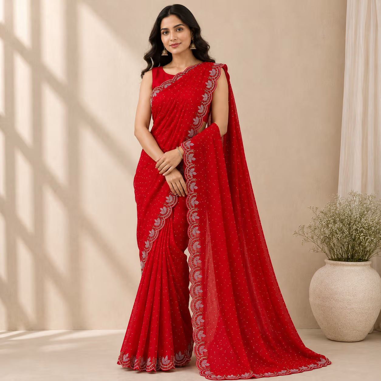 Shimmer Embellished Saree with Scalloped Border