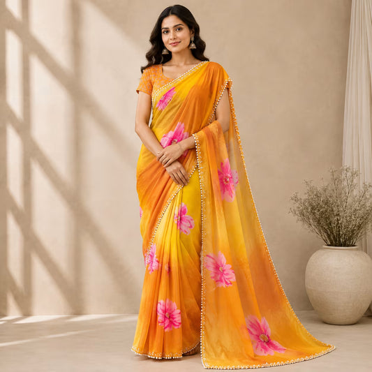 Sunset Bloom Floral Printed Georgette Saree with Pearl Lace Border