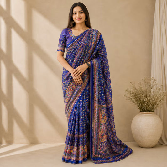 Women's Multicolor Printed Saree with Embroidered Mirror Work & Matching Blouse Piece