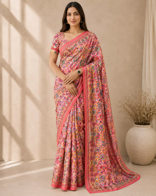 Women's Multicolor Printed Saree with Embroidered Mirror Work & Matching Blouse Piece