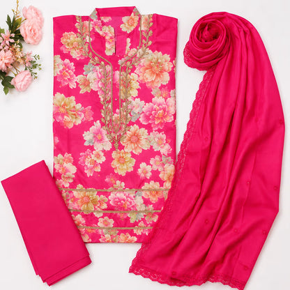 Meera Floral Printed Rayon Suit Set with Embroidered Neckline & Dupatta