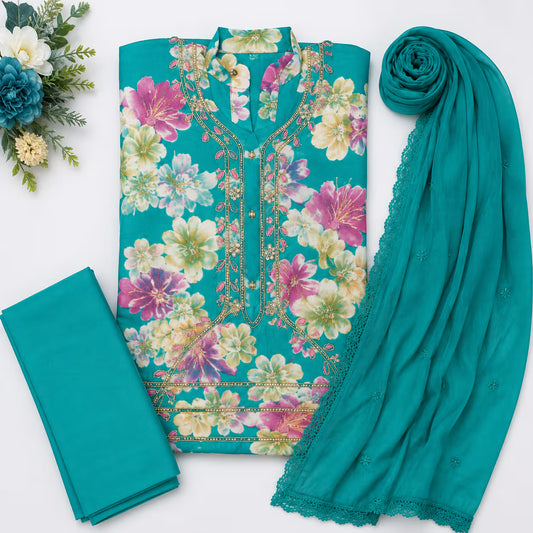 Meera Floral Printed Rayon Suit Set with Embroidered Neckline & Dupatta