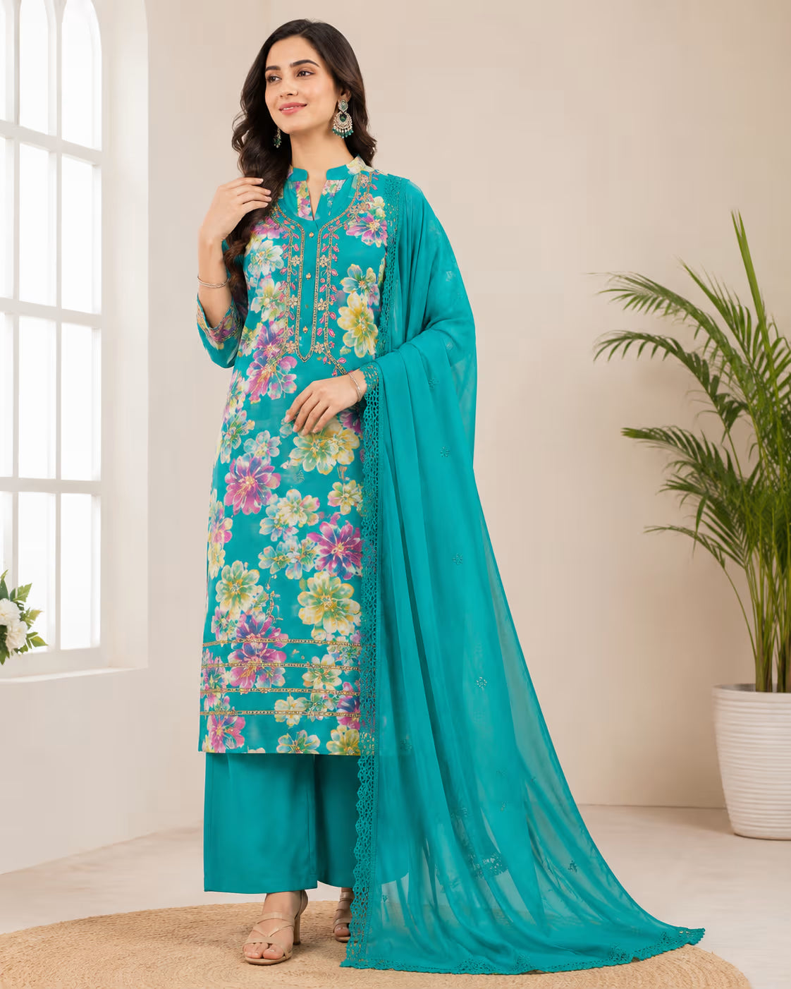 Meera Floral Printed Rayon Suit Set with Embroidered Neckline & Dupatta