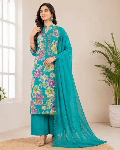 Meera Floral Printed Rayon Suit Set with Embroidered Neckline & Dupatta