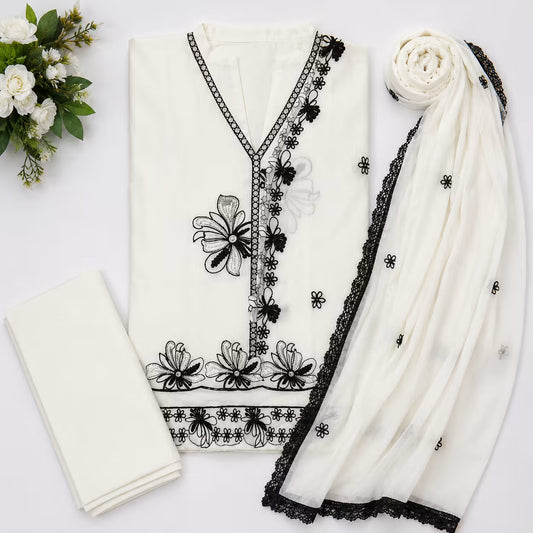 White Floral Embroidered Salwar Suit Set with Black Work & Dupatta