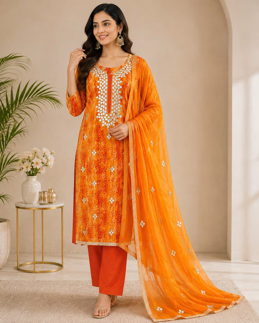Orange Printed Mirror Work Suit Set with Dupatta | 3-Piece Women’s Ethnic Wear