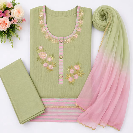 Sage Green Floral Embroidered Suit Set with Pink Dupatta