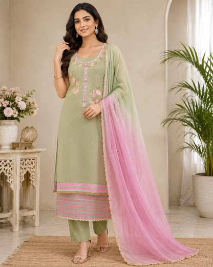Sage Green Floral Embroidered Suit Set with Pink Dupatta