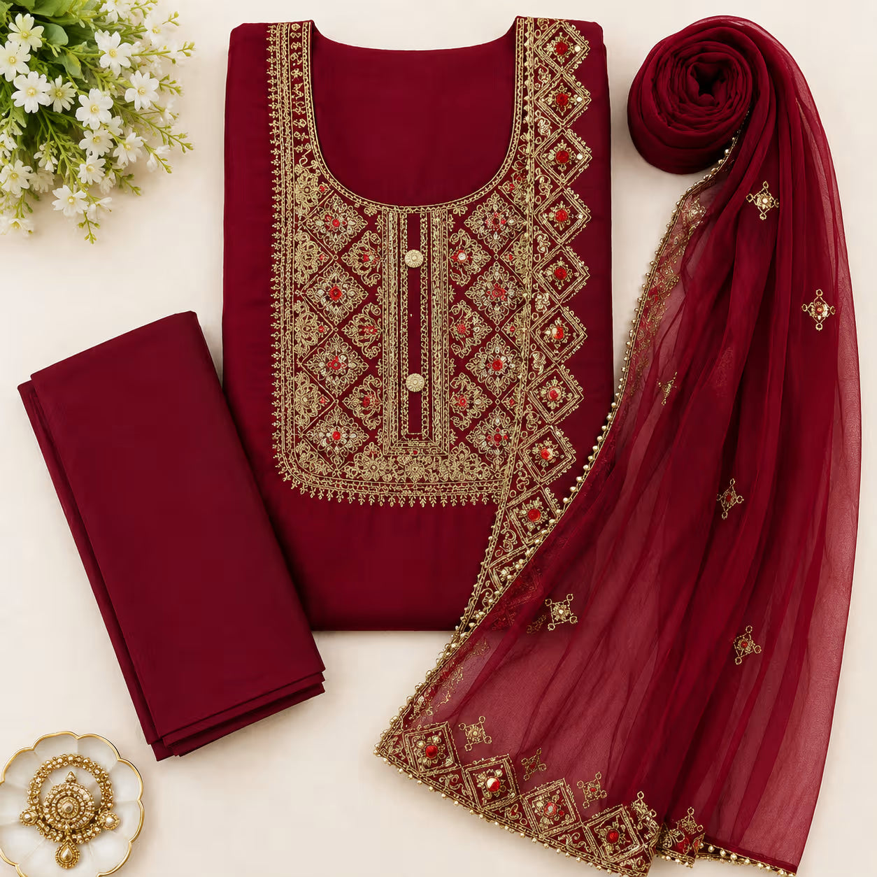 Maroon Gold Embroidered Suit Set with Dupatta | 3-Piece Women’s Ethnic Wear