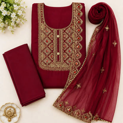 Maroon Gold Embroidered Suit Set with Dupatta | 3-Piece Women’s Ethnic Wear