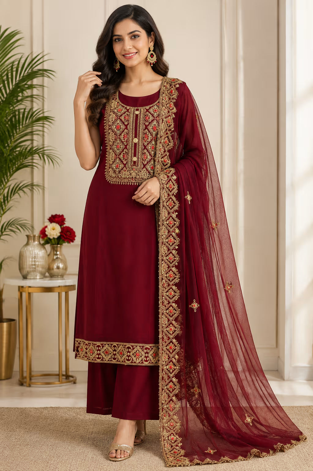 Maroon Gold Embroidered Suit Set with Dupatta | 3-Piece Women’s Ethnic Wear