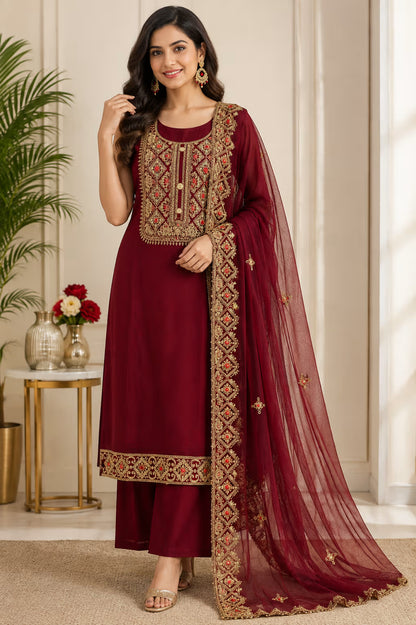 Maroon Gold Embroidered Suit Set with Dupatta | 3-Piece Women’s Ethnic Wear