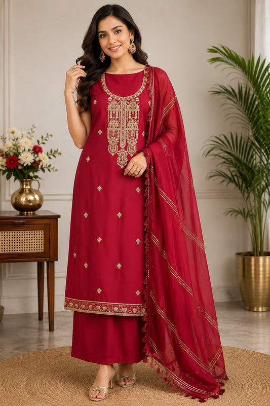 Maroon Gold Embroidered Suit Set with Dupatta | 3-Piece Women’s Ethnic Wear