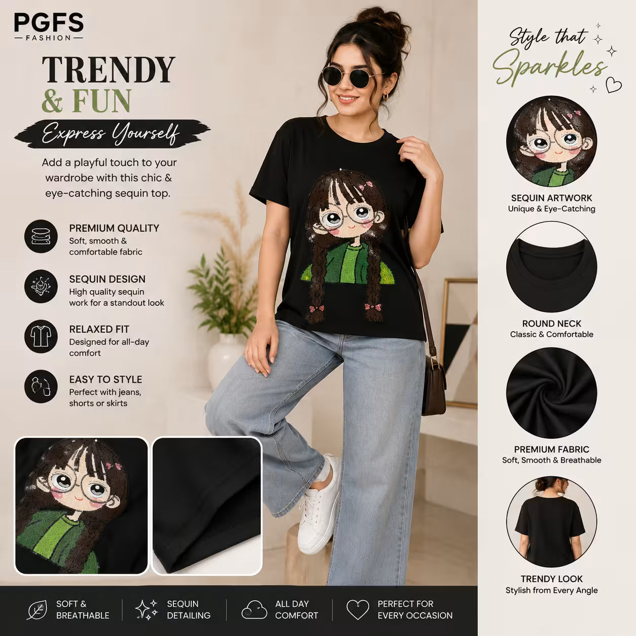 Women's Sequin Cartoon Graphic Oversized Cotton T-Shirt