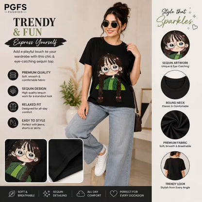 Women's Sequin Cartoon Graphic Oversized Cotton T-Shirt