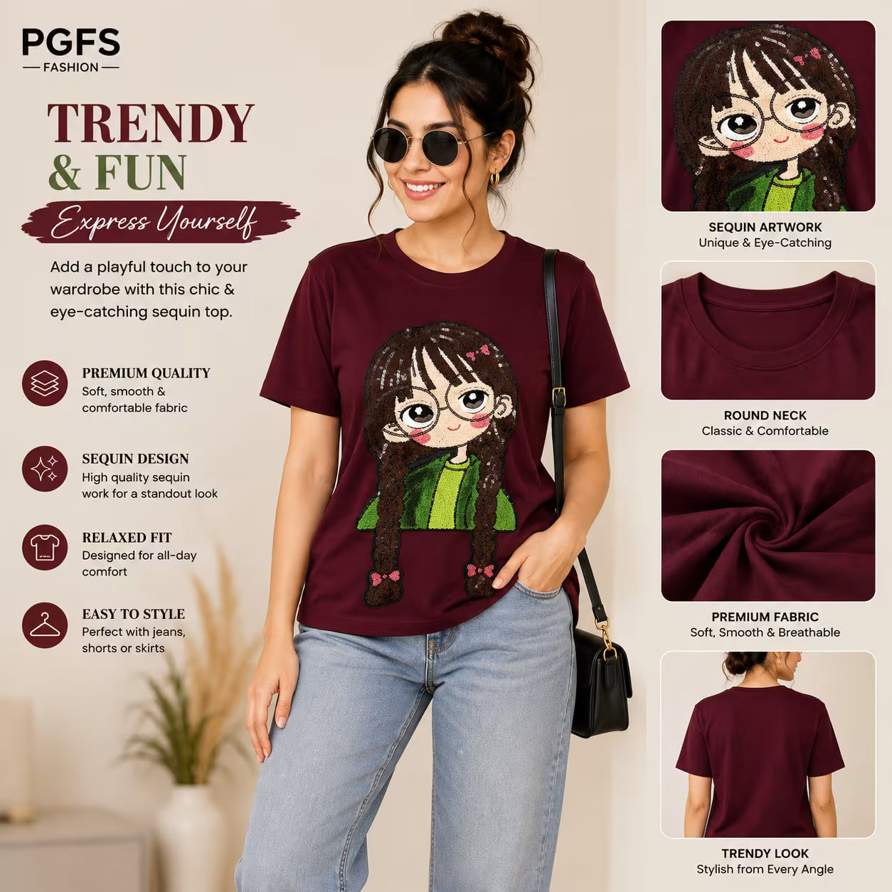 Women's Sequin Cartoon Graphic Oversized Cotton T-Shirt