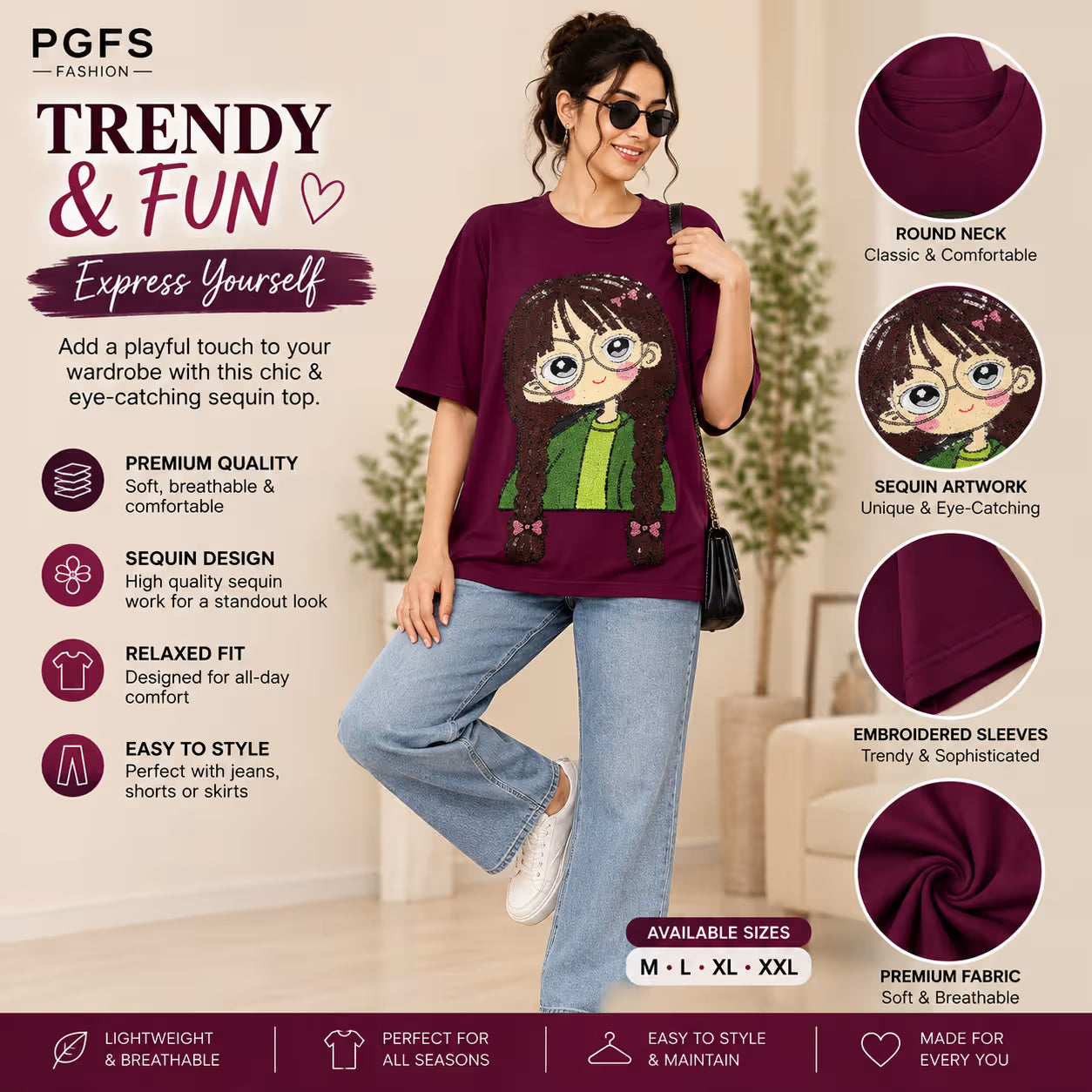 Women's Sequin Cartoon Graphic Oversized Cotton T-Shirt